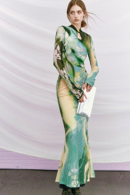 Golden Pearl Impressionist Cheongsam Dress