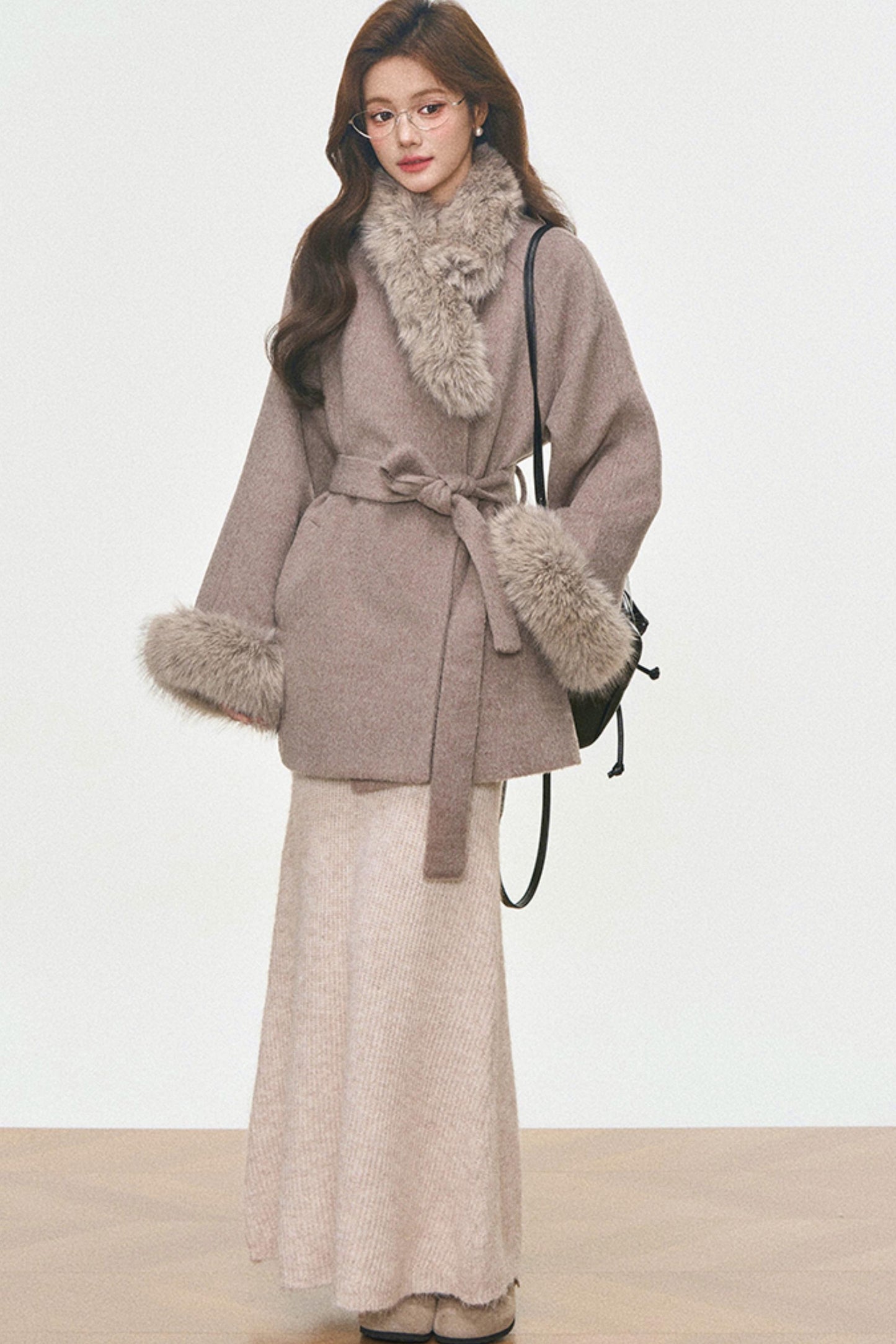 Fur Collar Lace-Up Coat Set-Up