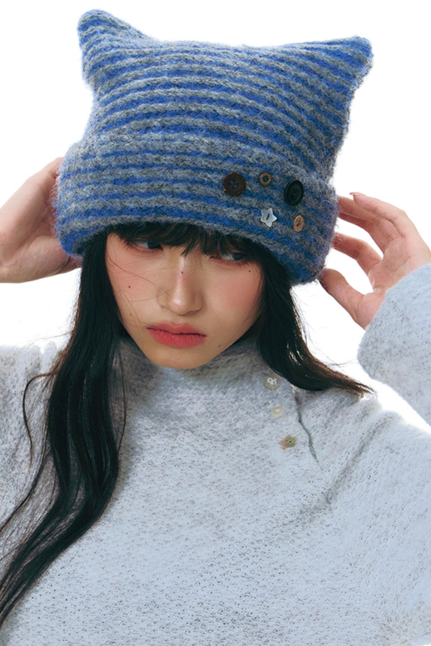 Striped Cat Ear Knit Hat