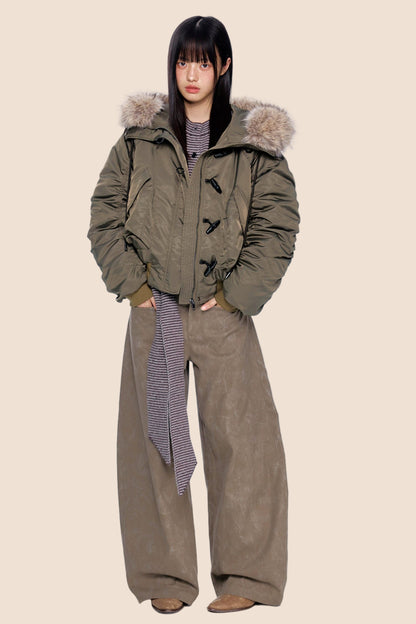 Large Fur Collar Pleated Jacket