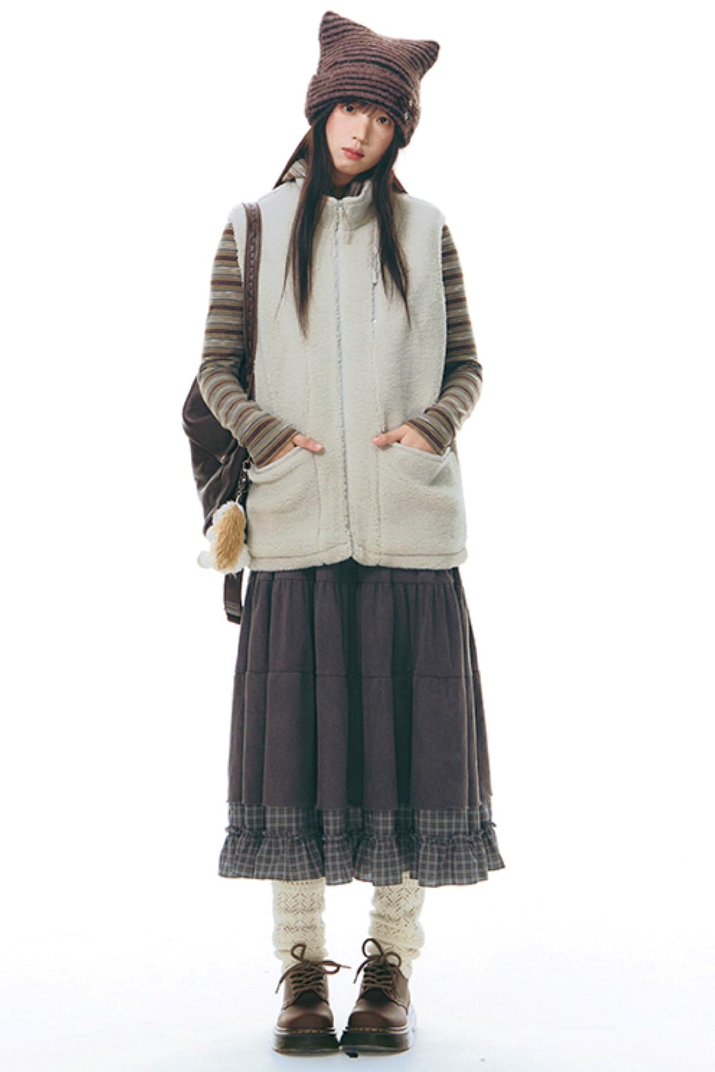 Patchwork Plaid Shirred Japanese Lace-Up Long Dress
