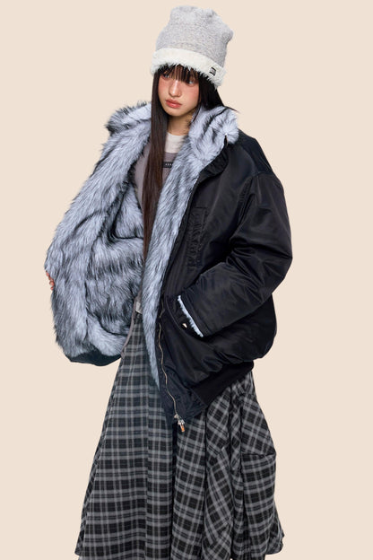 Fur-Trimmed Color-Blocked Cotton Jacket