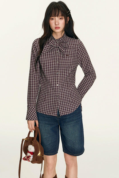 Original Plaid Embroidered Lace-Up Long Sleeve Shirt
