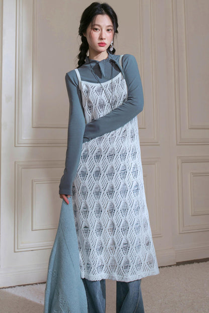 Sense Layering Gray and Blue Openwork Sundress Set