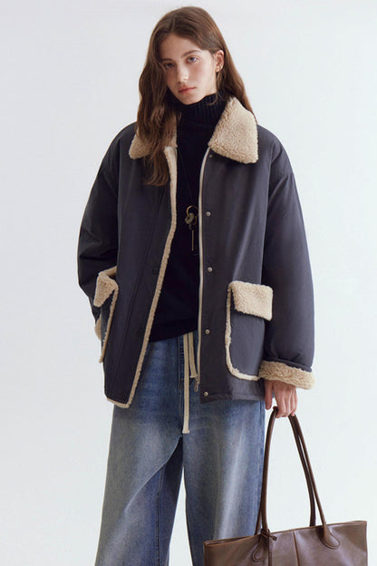 Color-Blocked Lamb Wool Coat