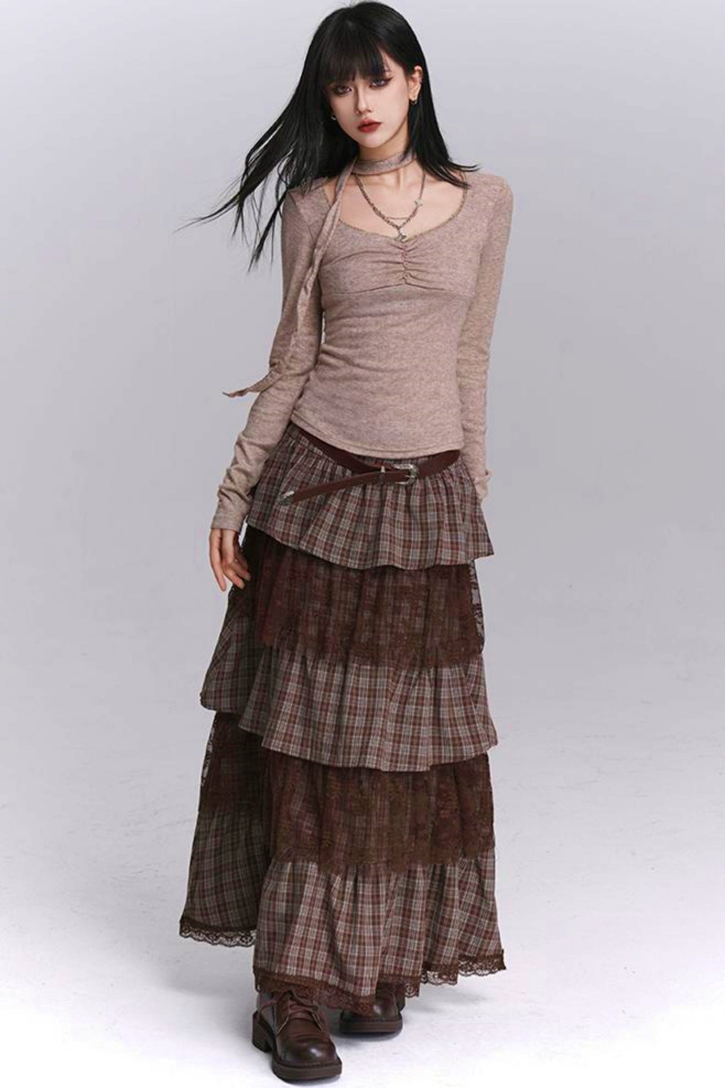 Plaid Tiered Long Skirt