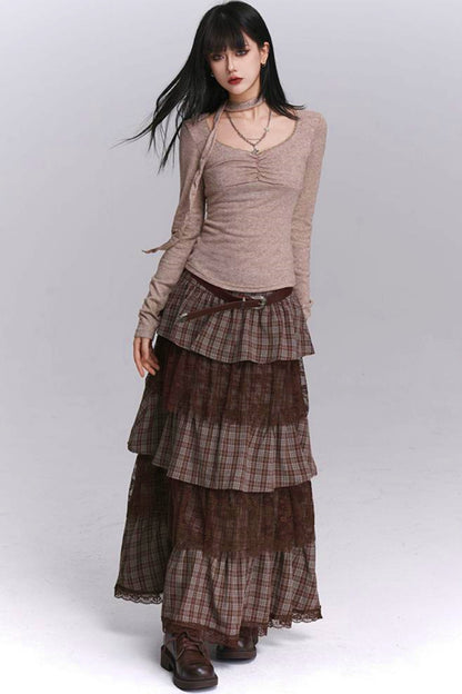 Plaid Tiered Long Skirt