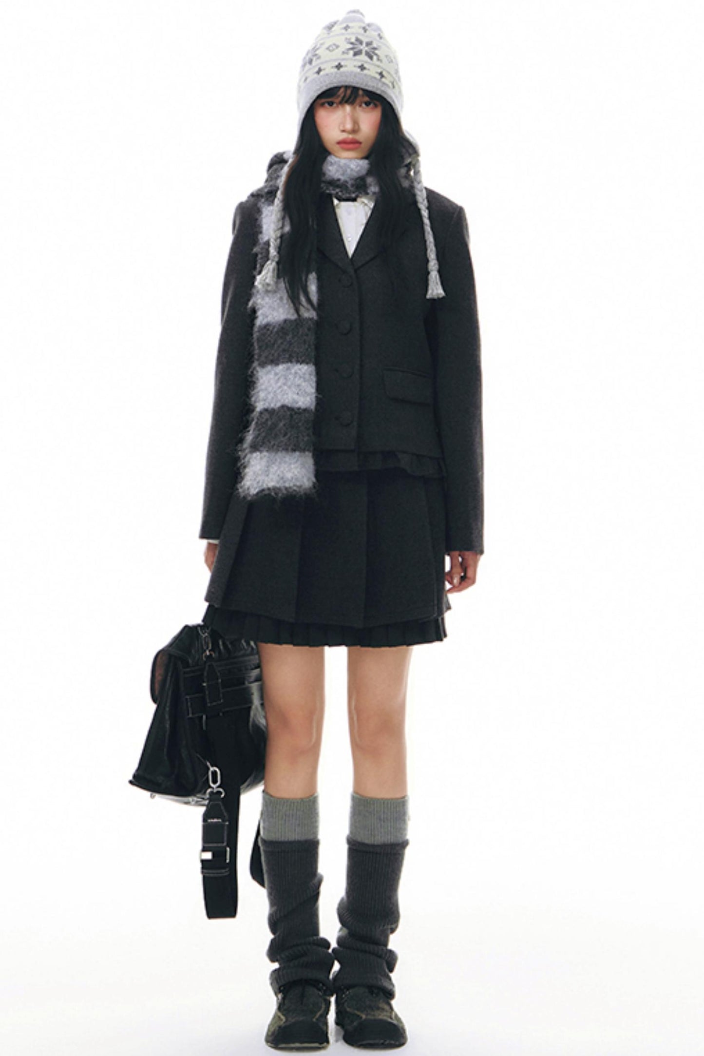 Ruffle Patchwork Woolen Pleated Skirt