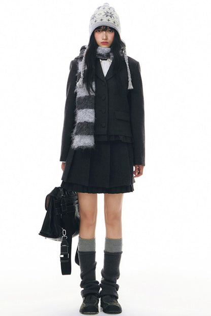 Ruffle Patchwork Woolen Pleated Skirt