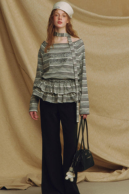 Chic One-Shoulder Striped Lace Top