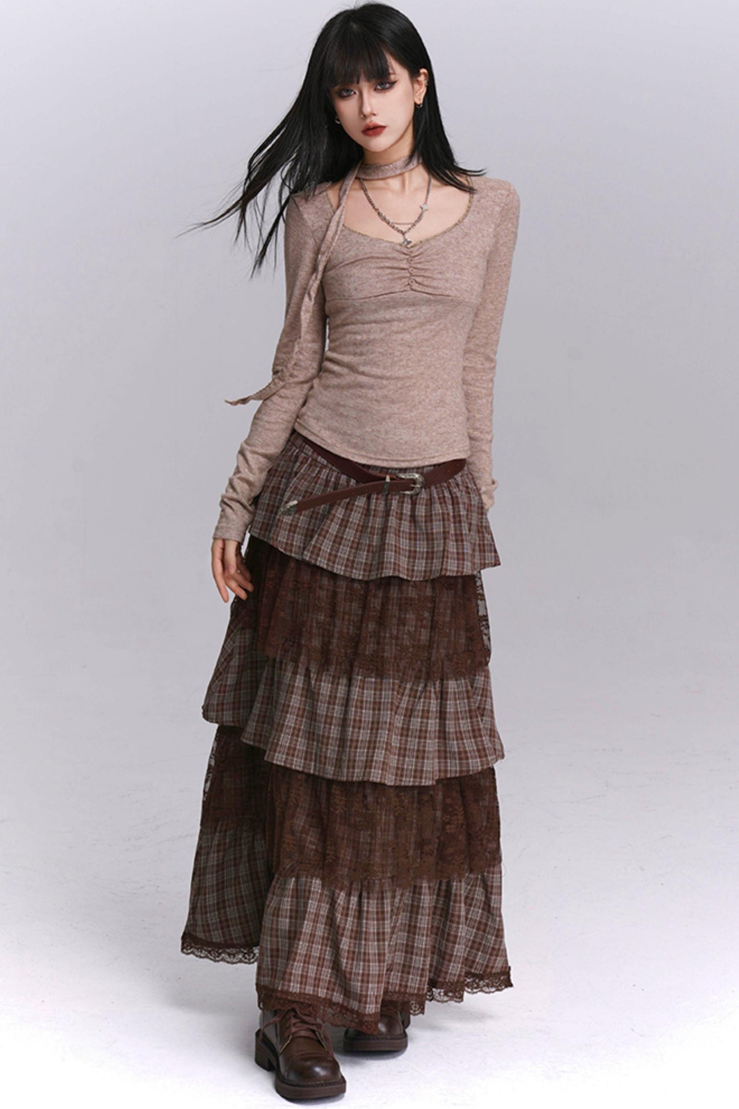 Brown Plaid Cake Skirt