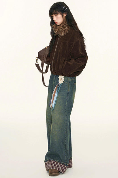 Vintage Suede Plaid Reversible Stand-Up Collar Jacket