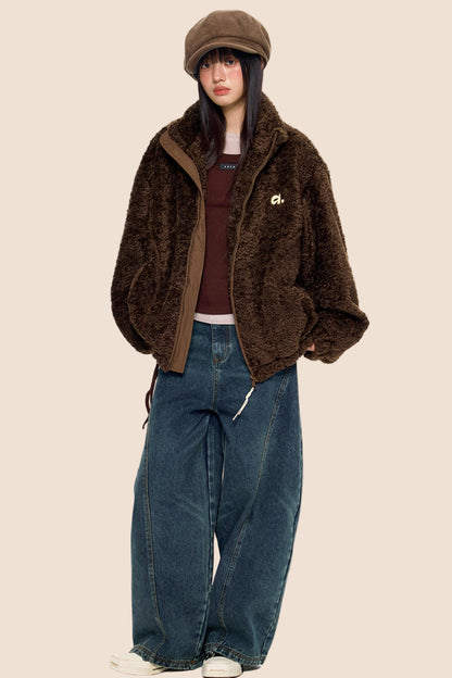 Embroidered Fleece Stand Collar Jacket