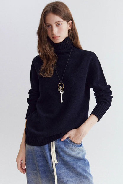 Wool Floral Yarn Turtleneck Sweater