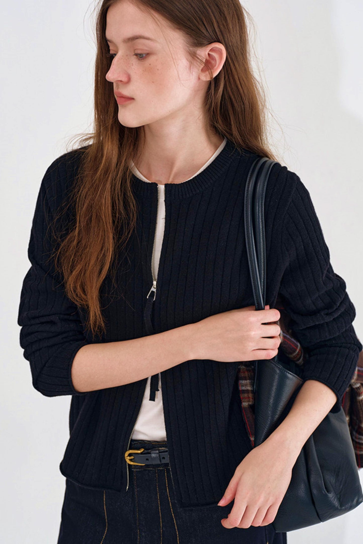 Rolled Edge Double Zipper Knit Cardigan