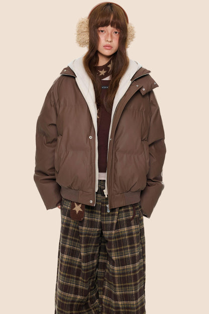 Color-Blocked Leather Hooded Jacket