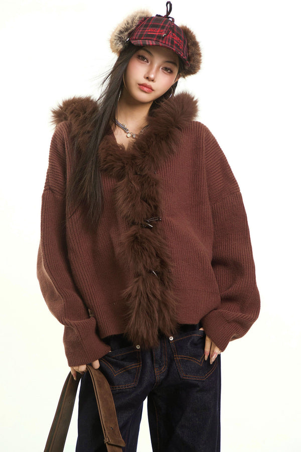 Retro Gray Fur Collar Cardigan Jacket