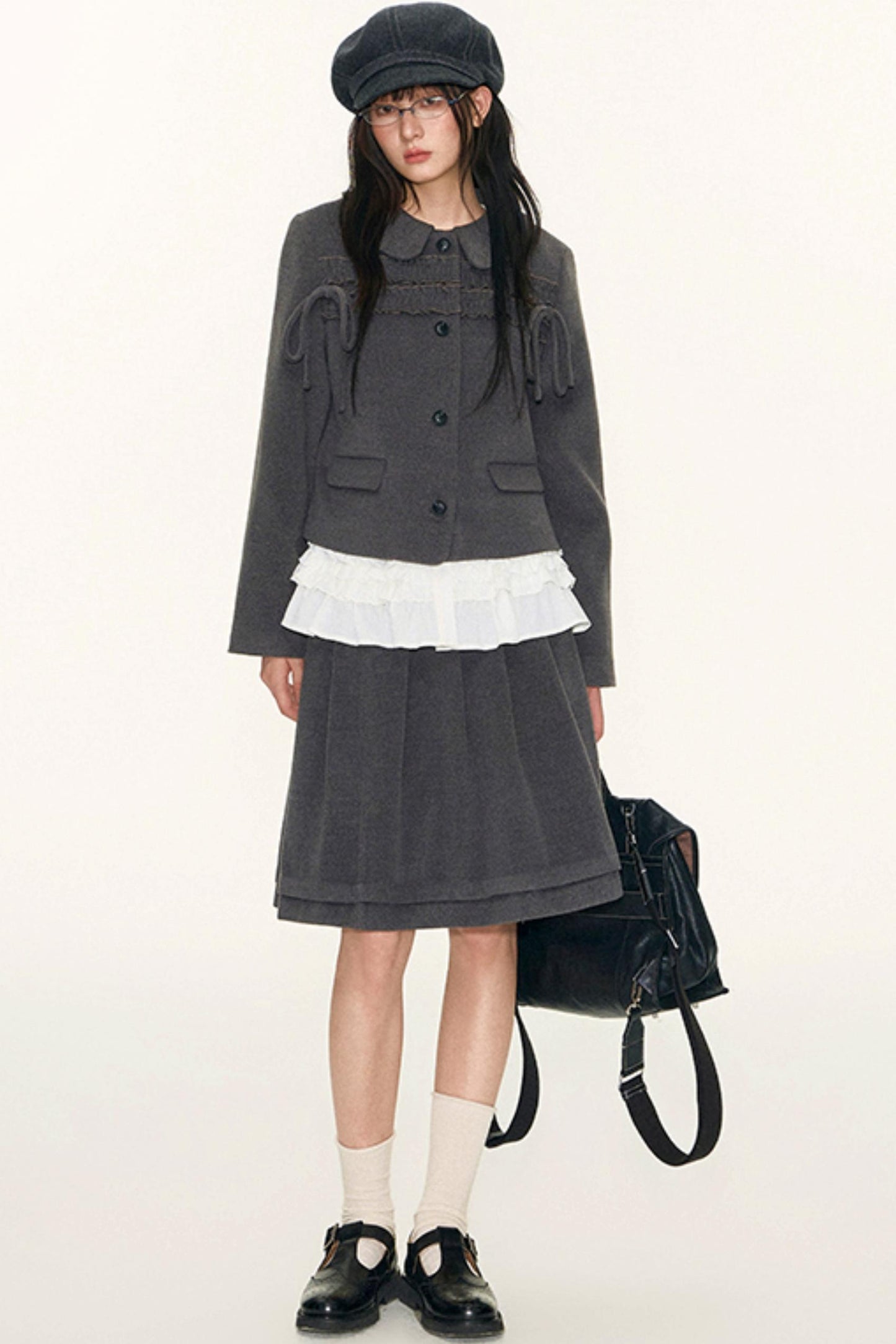 College Ruffle Woolen Suit Skirt Set-Up