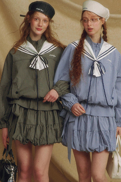 Navy Collar Plaid Jacket Set-Up