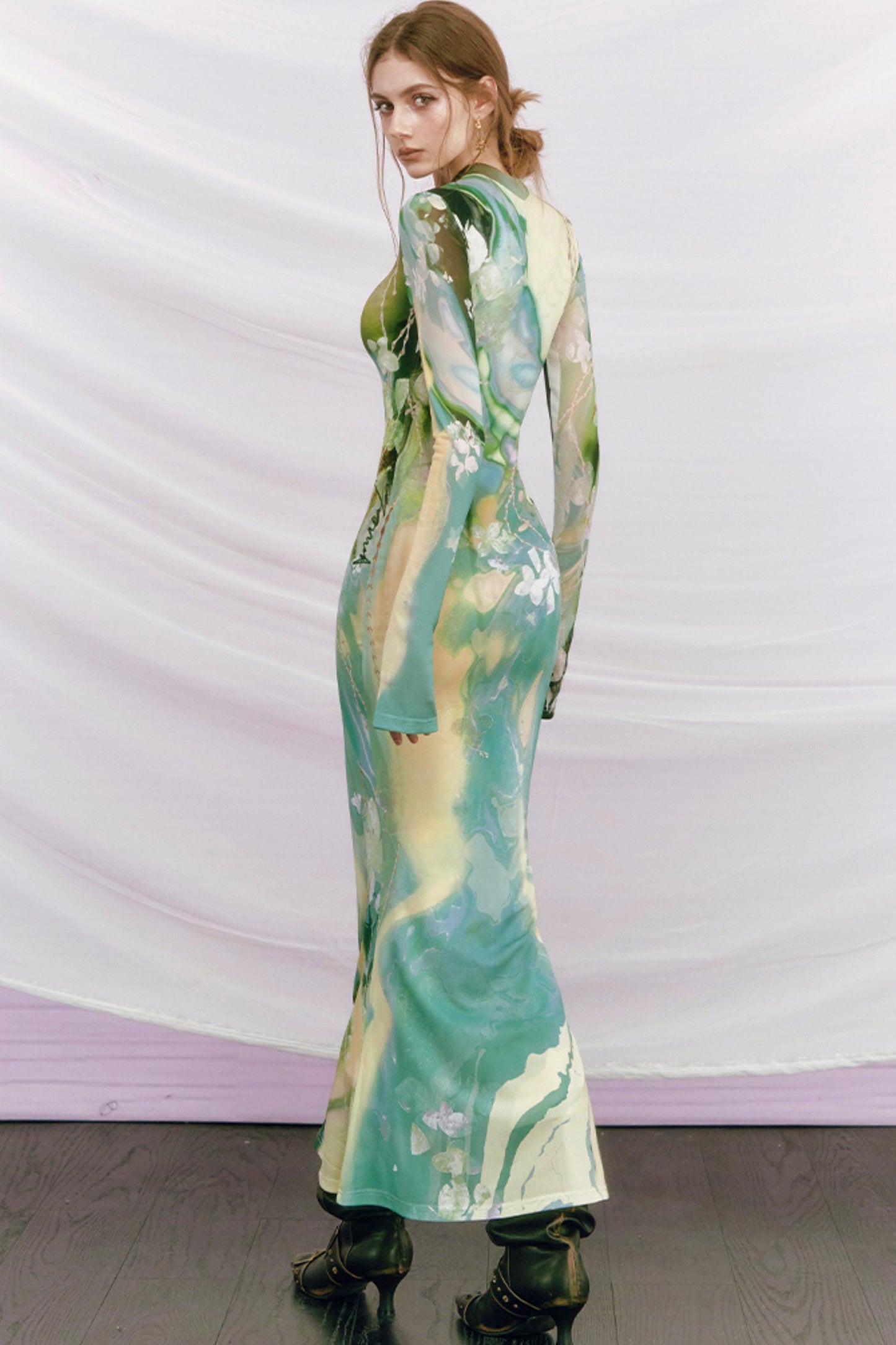 Golden Pearl Impressionist Cheongsam Dress