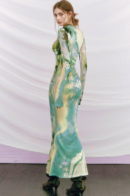 Golden Pearl Impressionist Cheongsam Dress