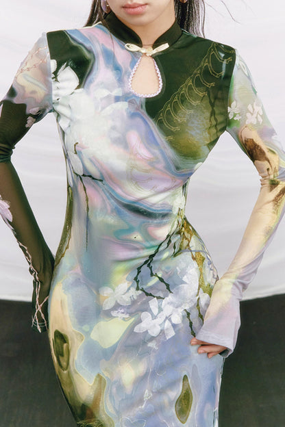 Golden Pearl Impressionist Cheongsam Dress