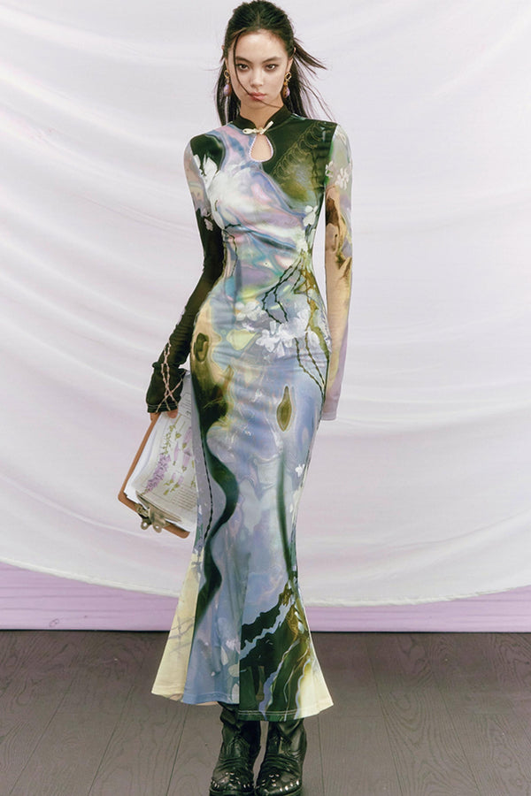 Golden Pearl Impressionist Cheongsam Dress