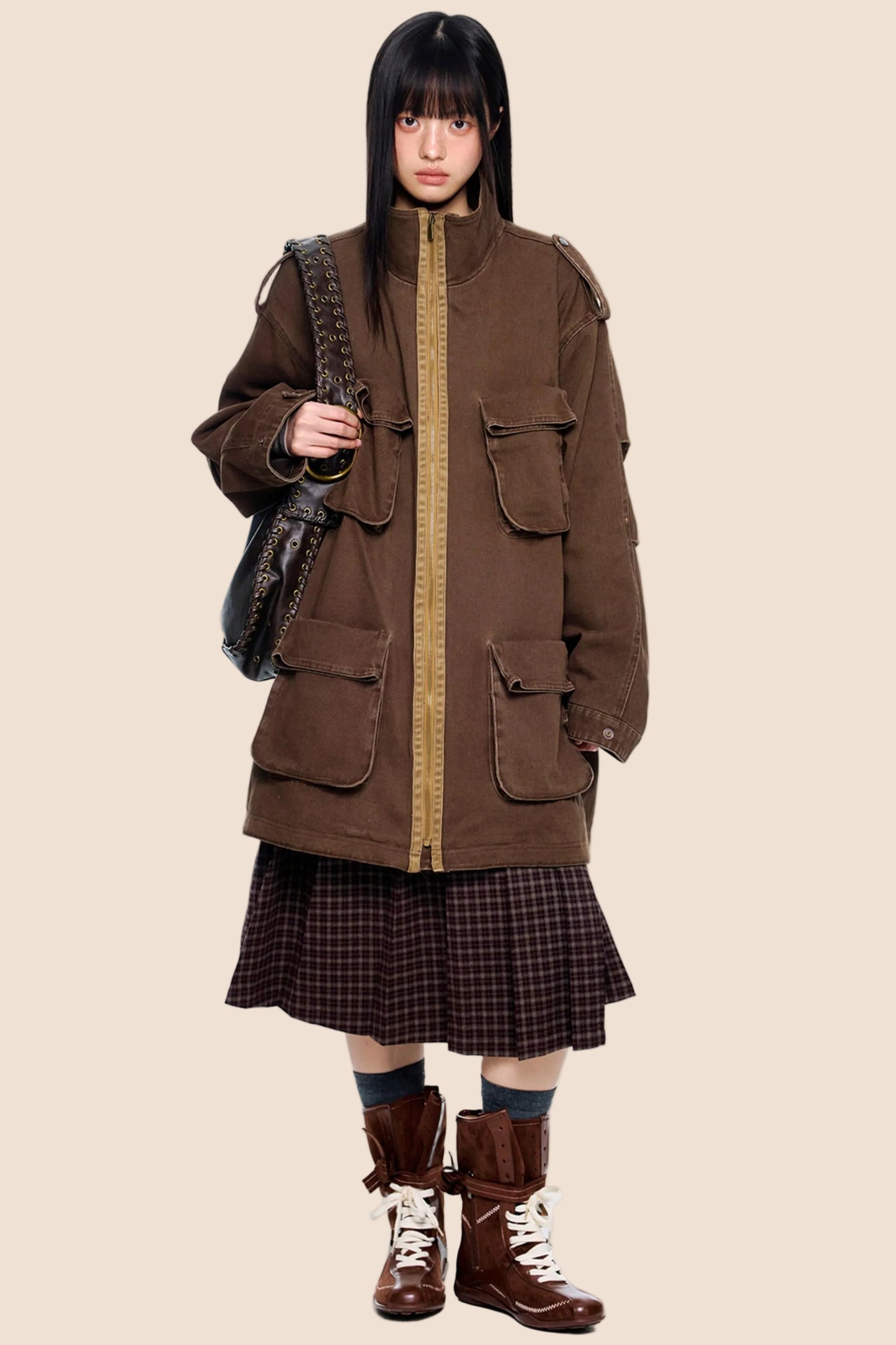 Plaid Rivet Pleated Skirt