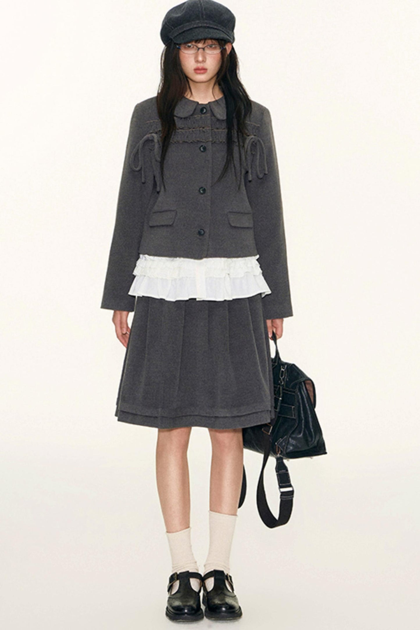 College Ruffle Woolen Suit Skirt Set-Up