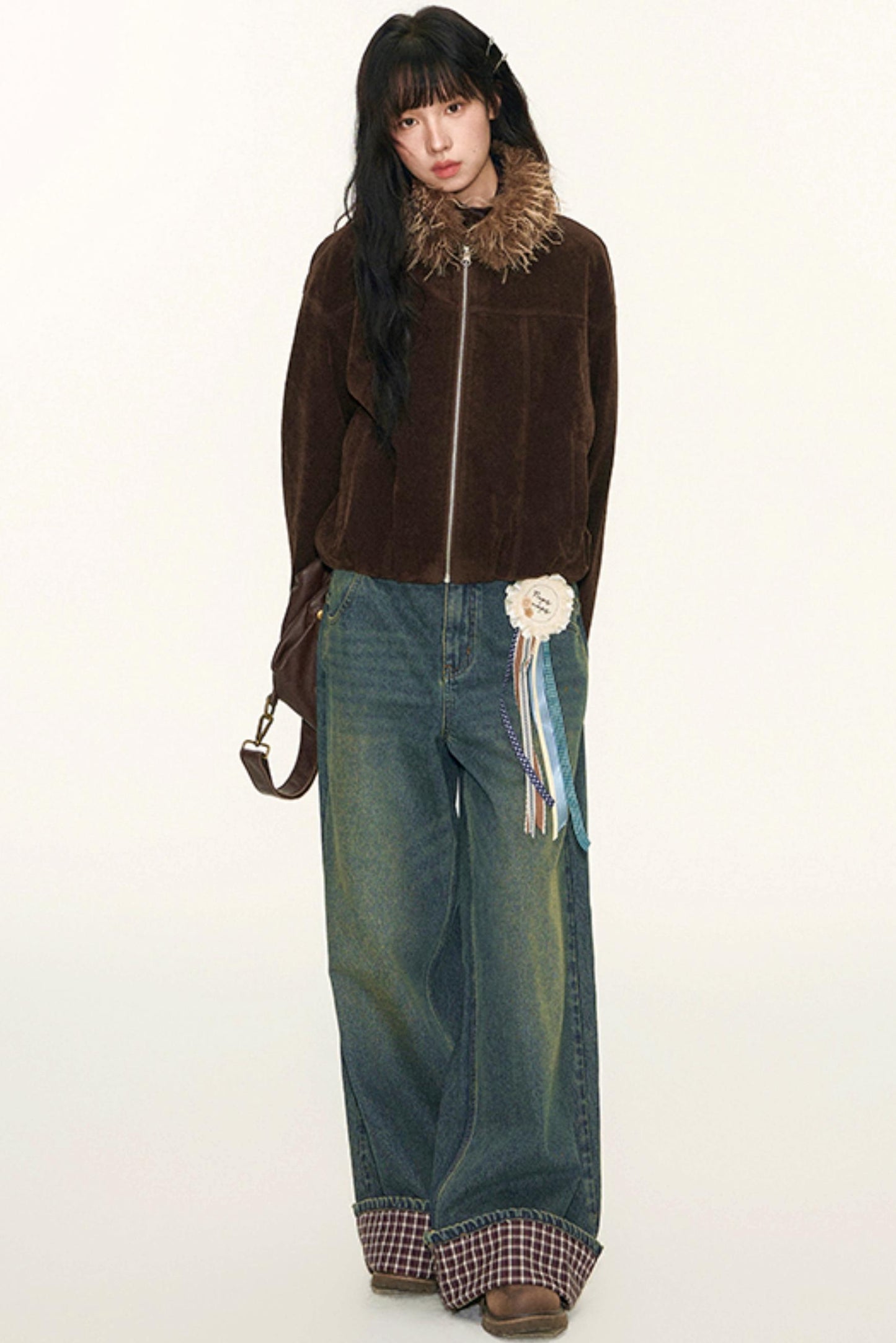 Vintage Suede Plaid Reversible Stand-Up Collar Jacket