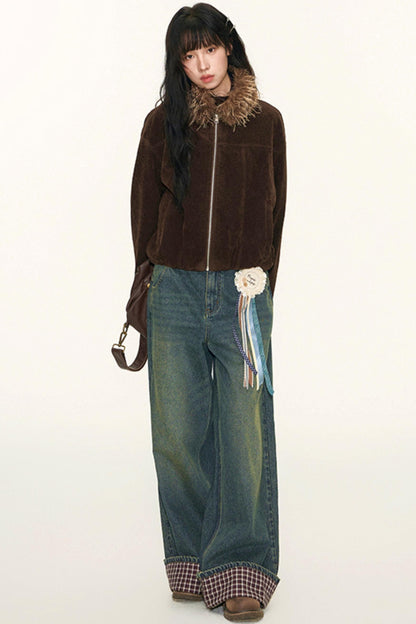 Vintage Suede Plaid Reversible Stand-Up Collar Jacket