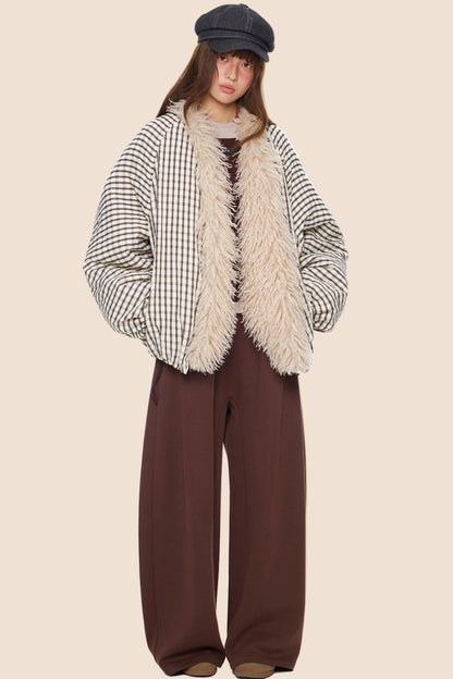 Plaid Fur Collar Jacket