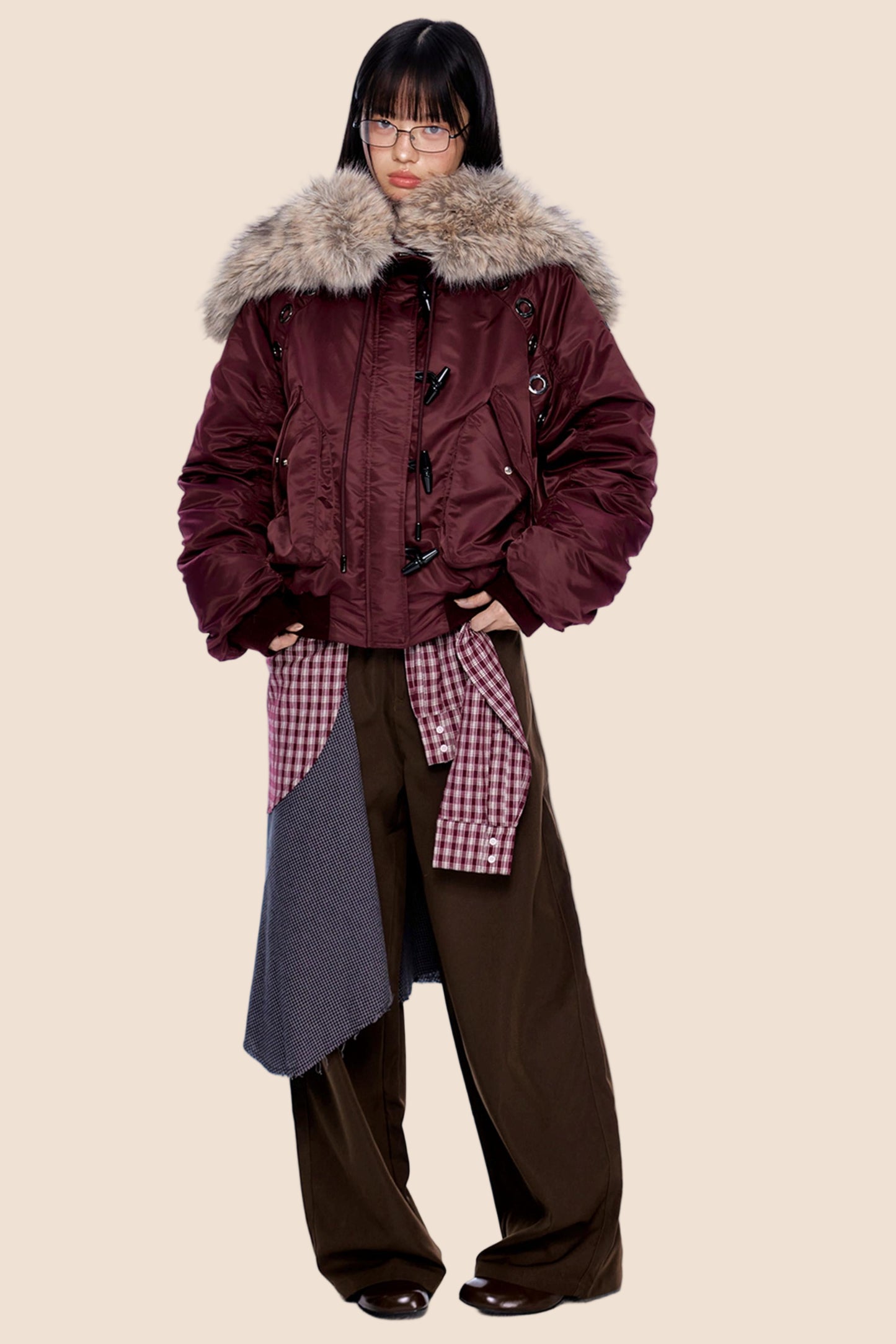 Large Fur Collar Pleated Jacket