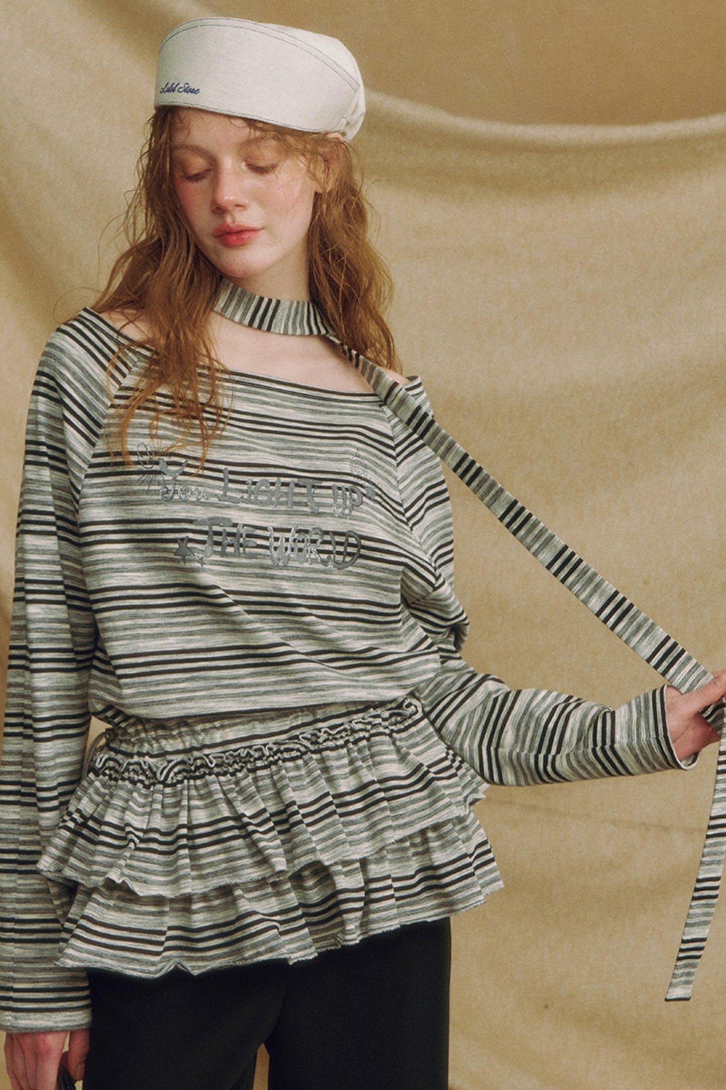 Chic One-Shoulder Striped Lace Top