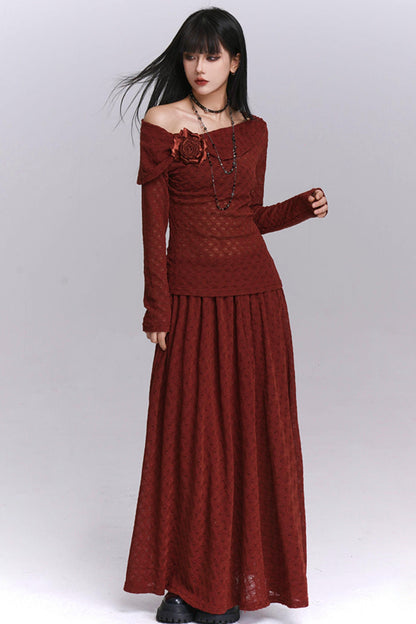 Autumn Red Shoulder Skirt Set-Up