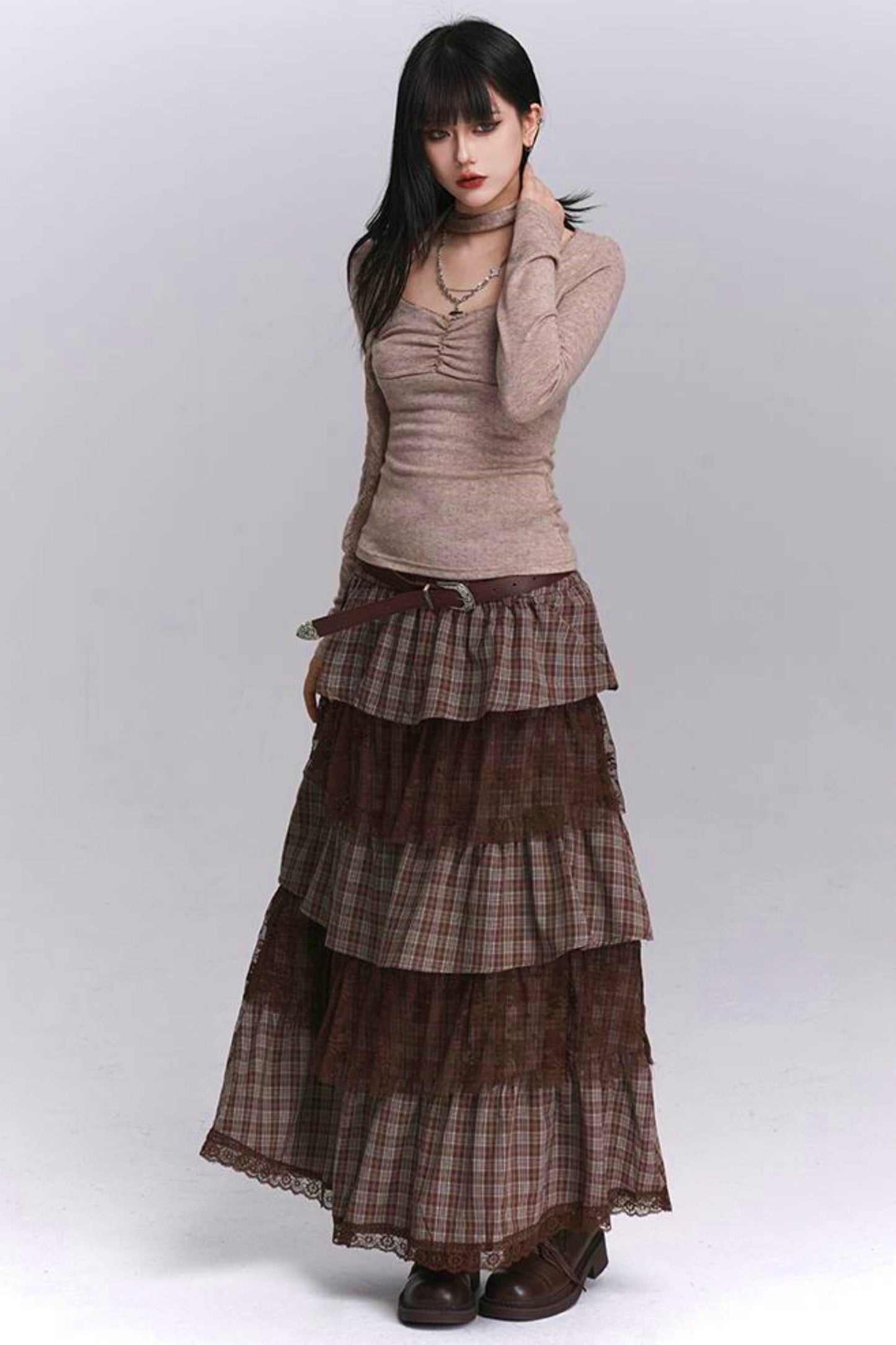 Plaid Tiered Long Skirt
