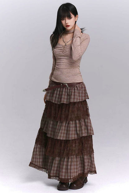 Plaid Tiered Long Skirt