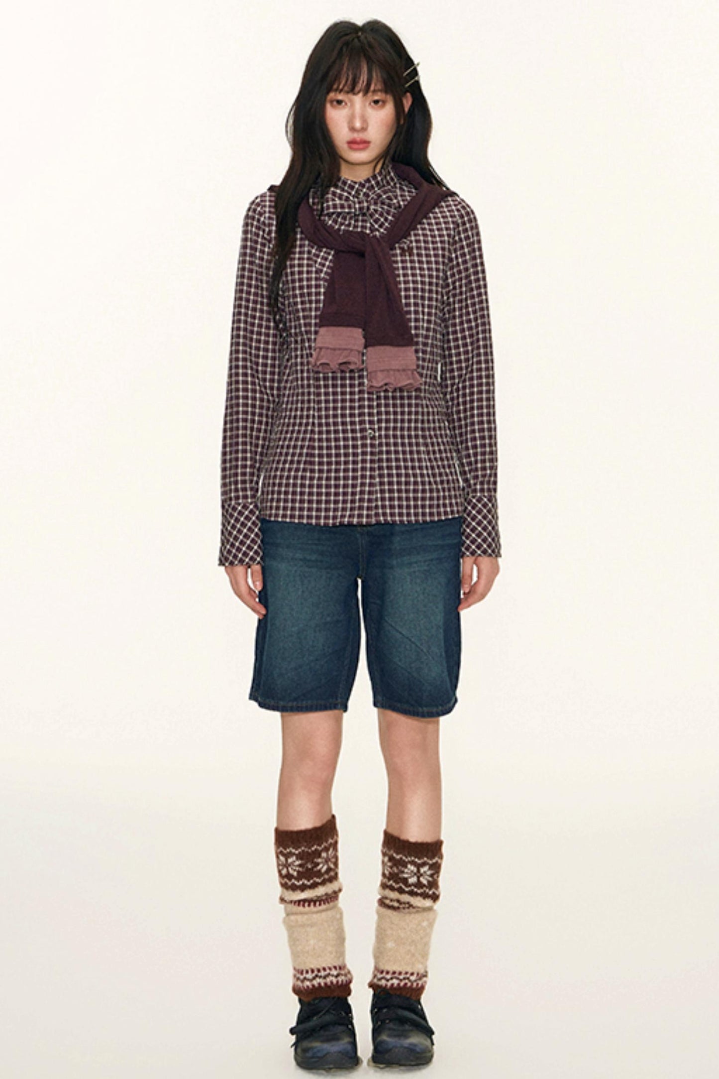 Original Plaid Embroidered Lace-Up Long Sleeve Shirt