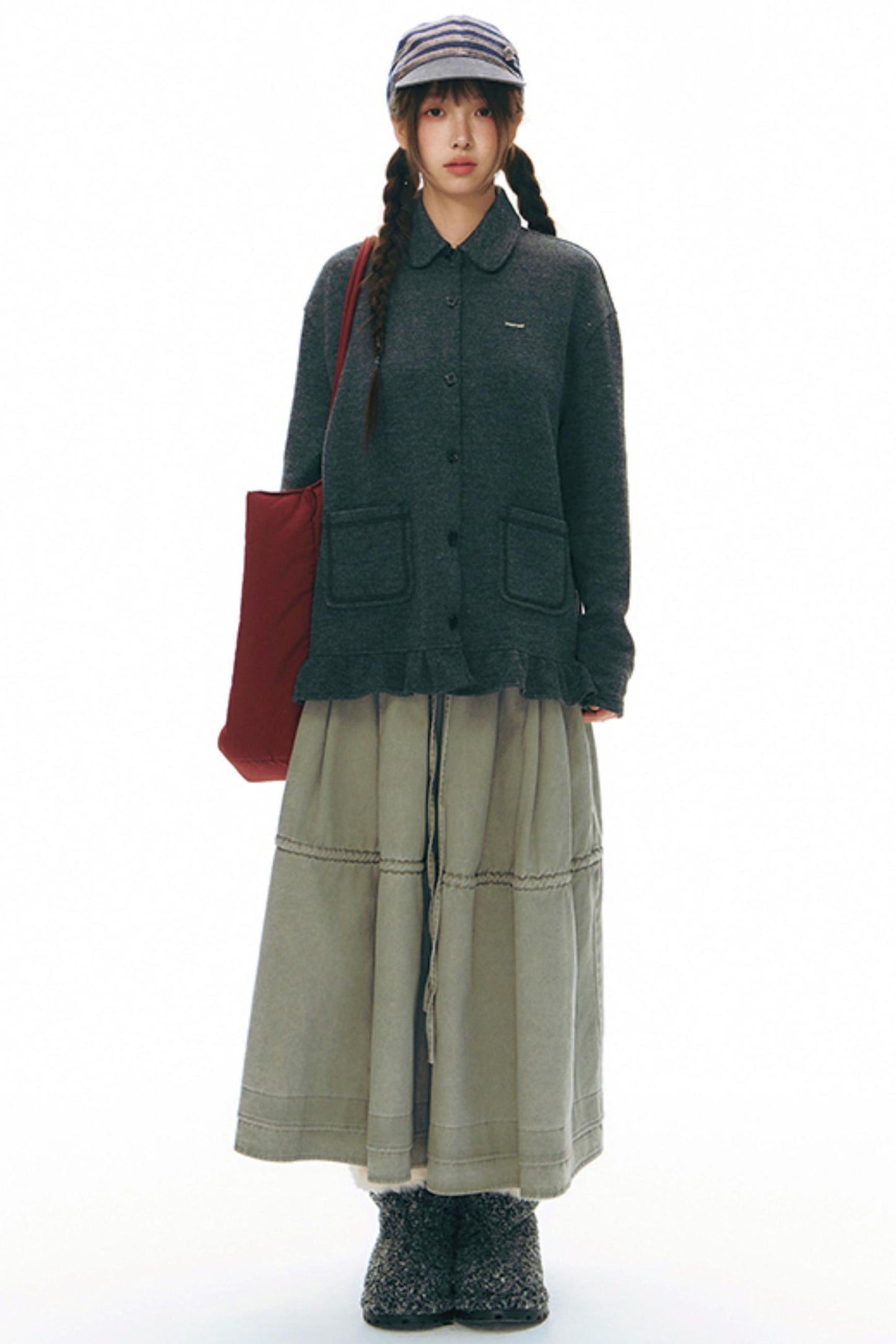 Ruffled Knitted Gray Texture Top