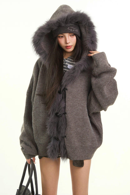 Retro Gray Fur Collar Cardigan Jacket