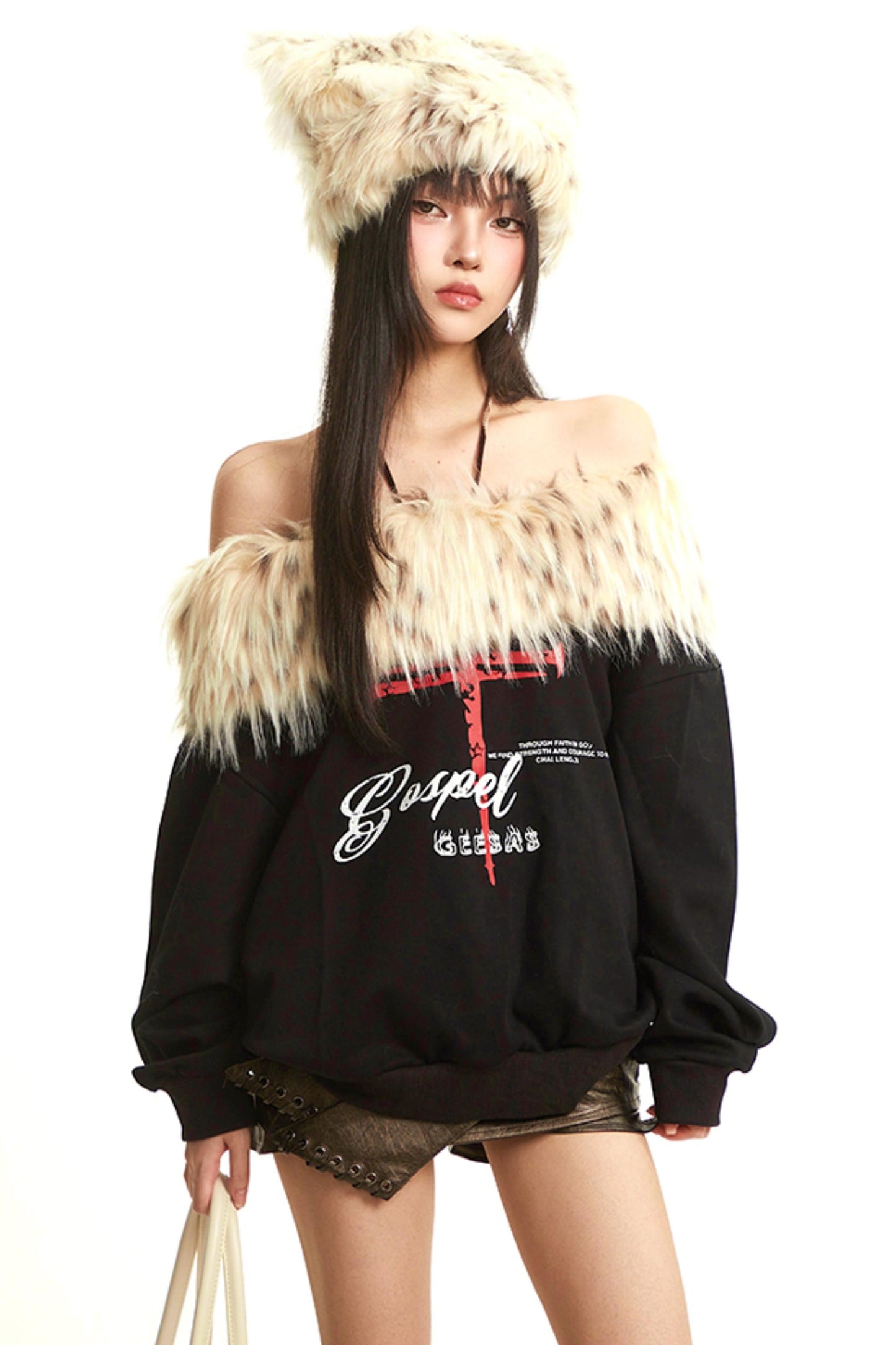 Retro Apricot Fur Collar Sweatshirt