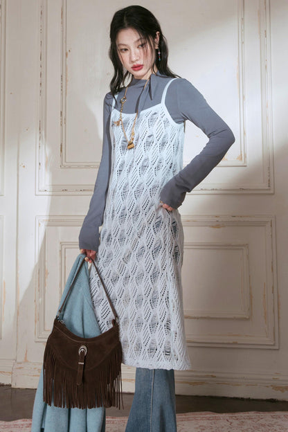 Sense Layering Gray and Blue Openwork Sundress Set