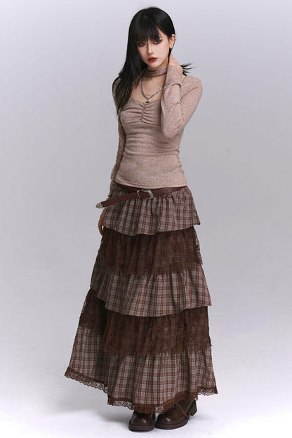 Brown Plaid Cake Skirt