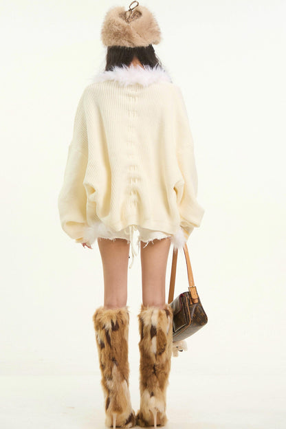 Plush Collar Knitted Cardigan