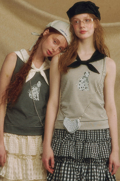 Puppy Print Bow-Striped Navy Tank Top