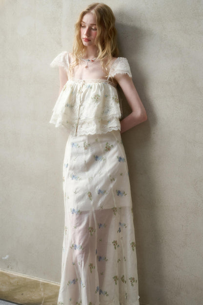 Airy Floral Ensemble Long Lace Skirt Set-Up
