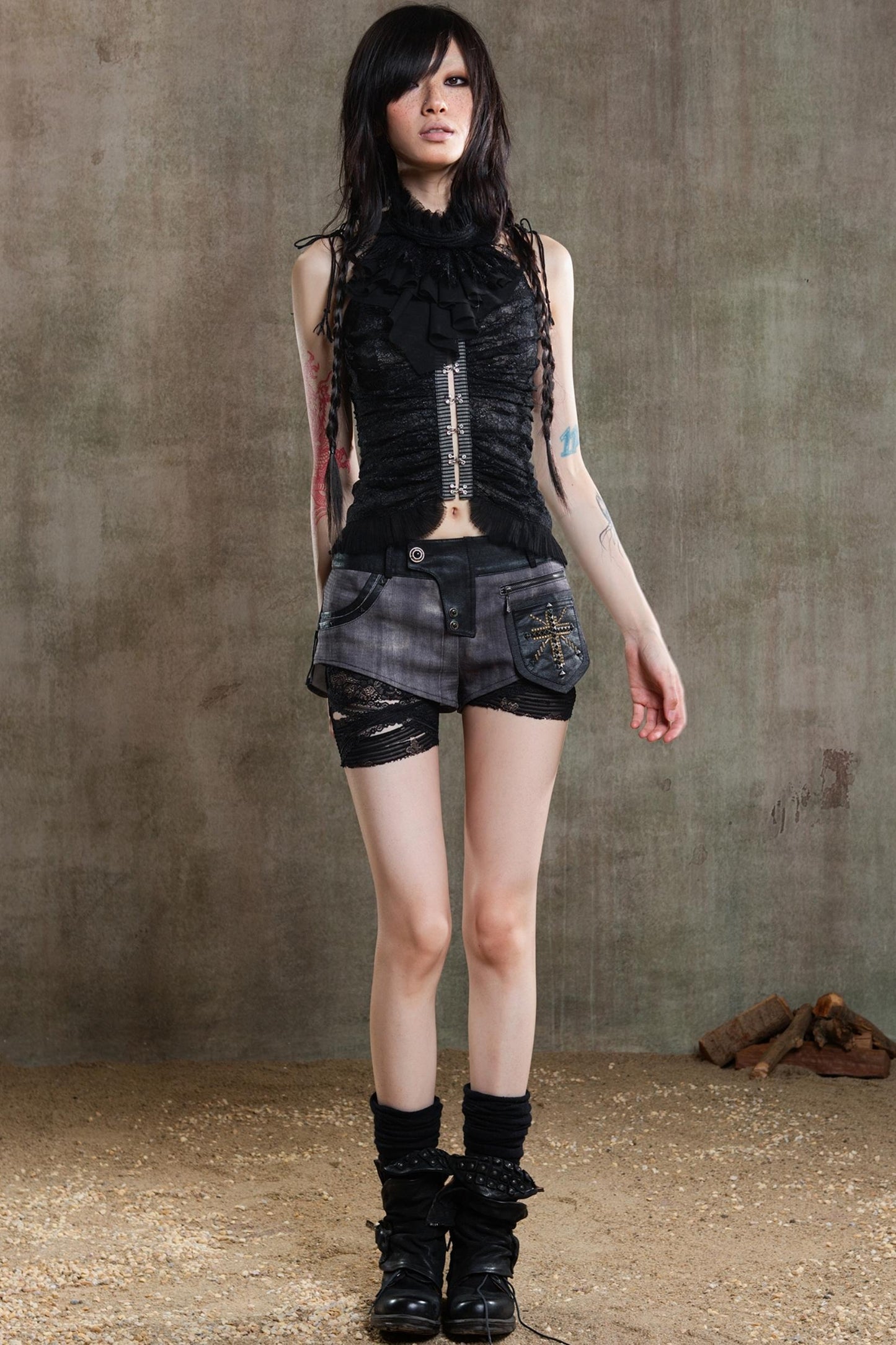 Necklace Accessory Multi-Ruched Lace Halter Top Set