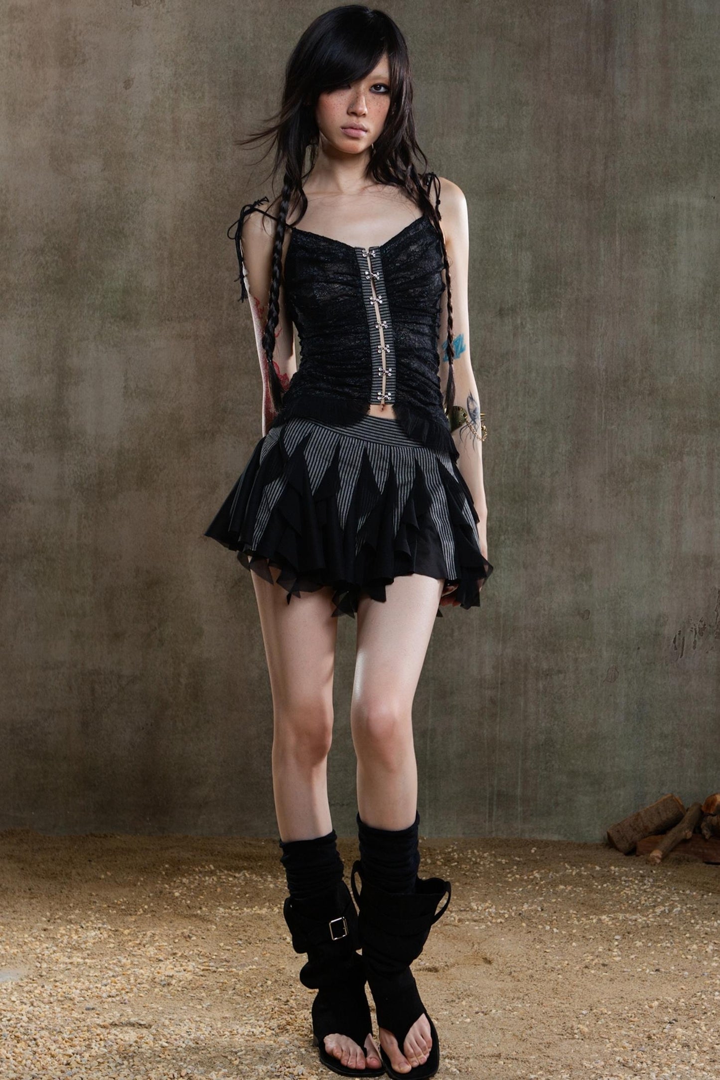 Necklace Accessory Multi-Ruched Lace Halter Top Set