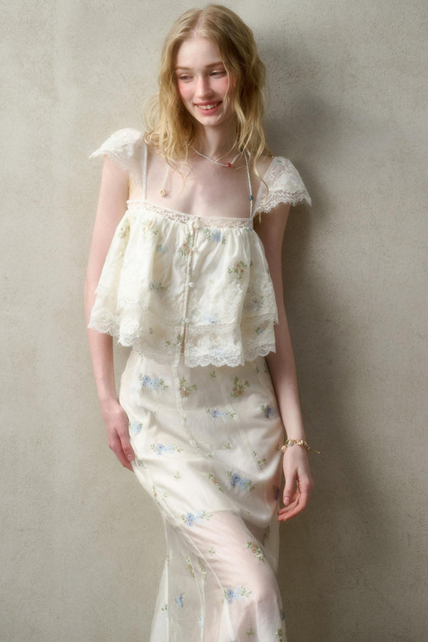 Airy Floral Ensemble Long Lace Skirt Set-Up