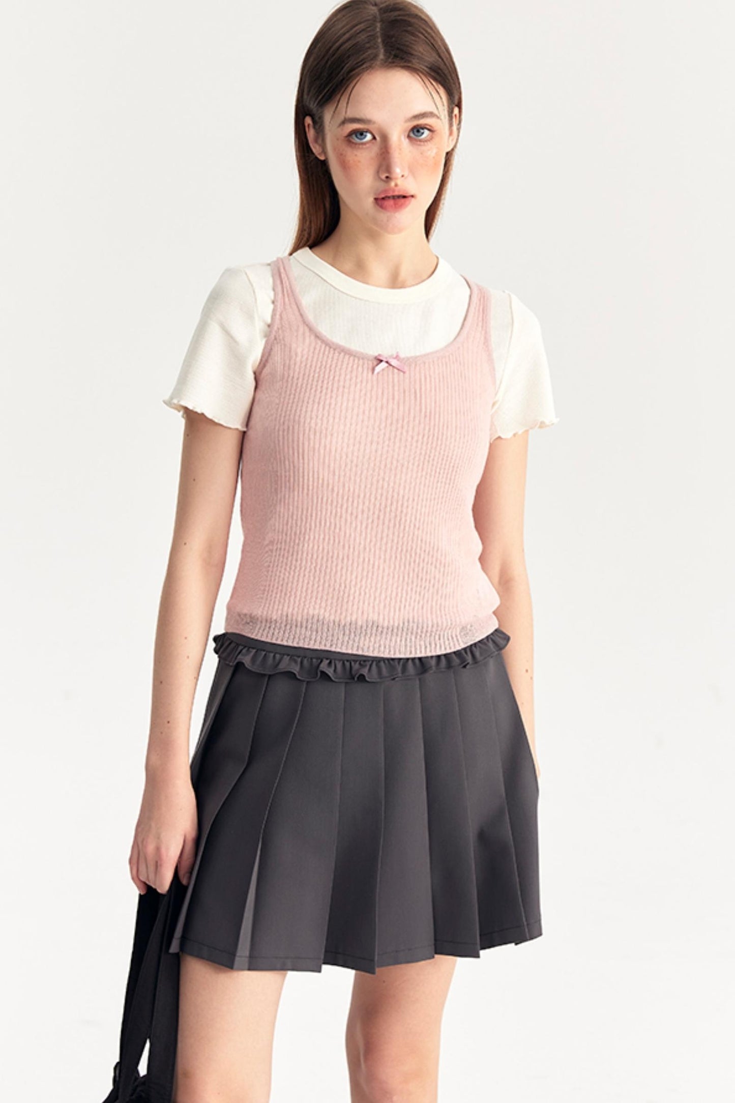 Bow Knit Vest With T-Shirt Set-Up